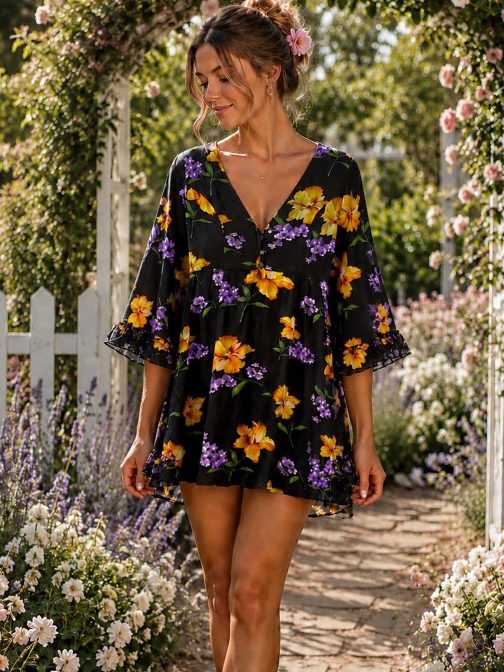Forever 21 Garden Floral Ruffle Flare Sleeve Babydoll Mini Dress Size L